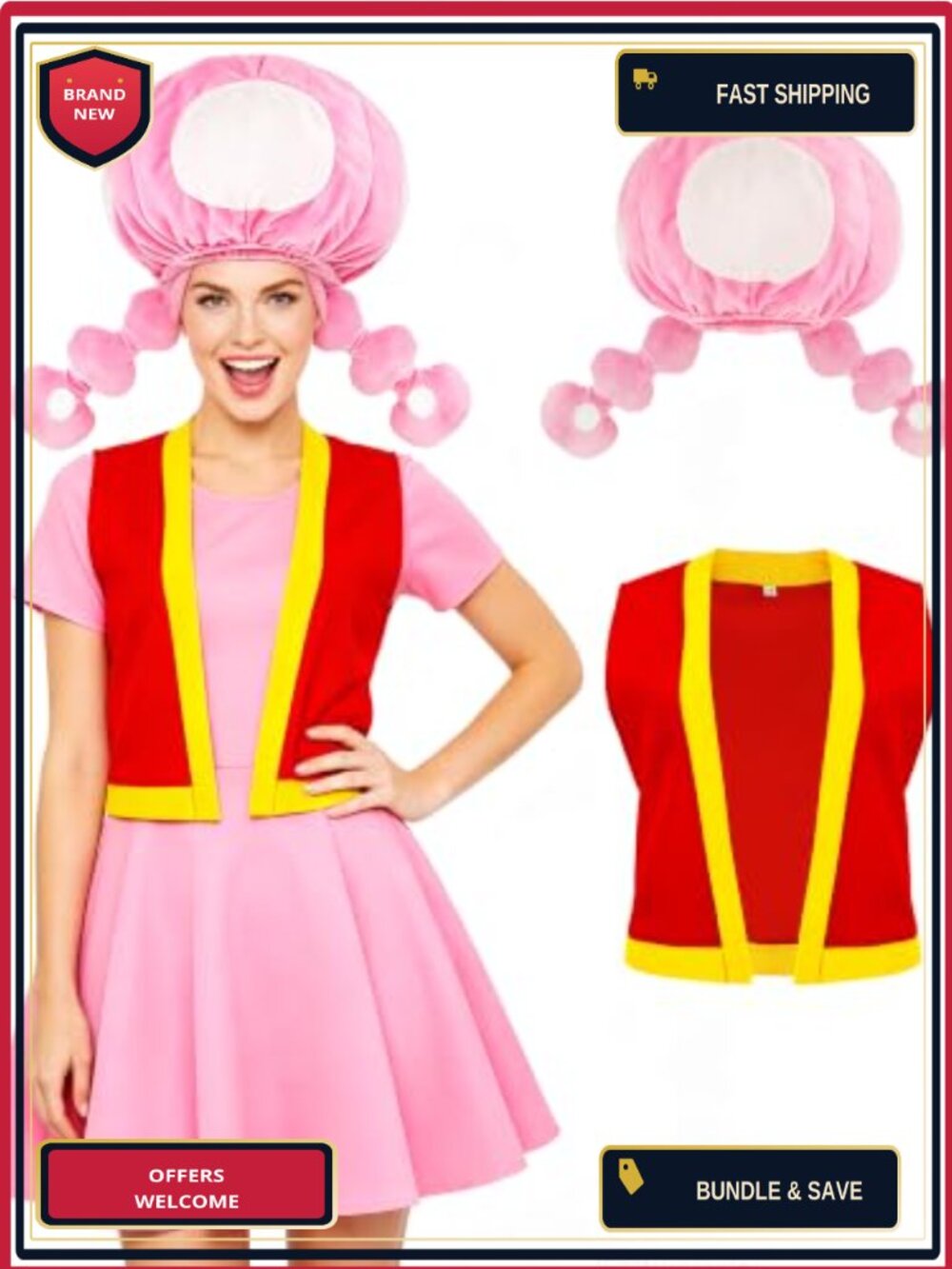 Mushroom Cosplay Costume Vest Hat Halloween Dress Up Outfit